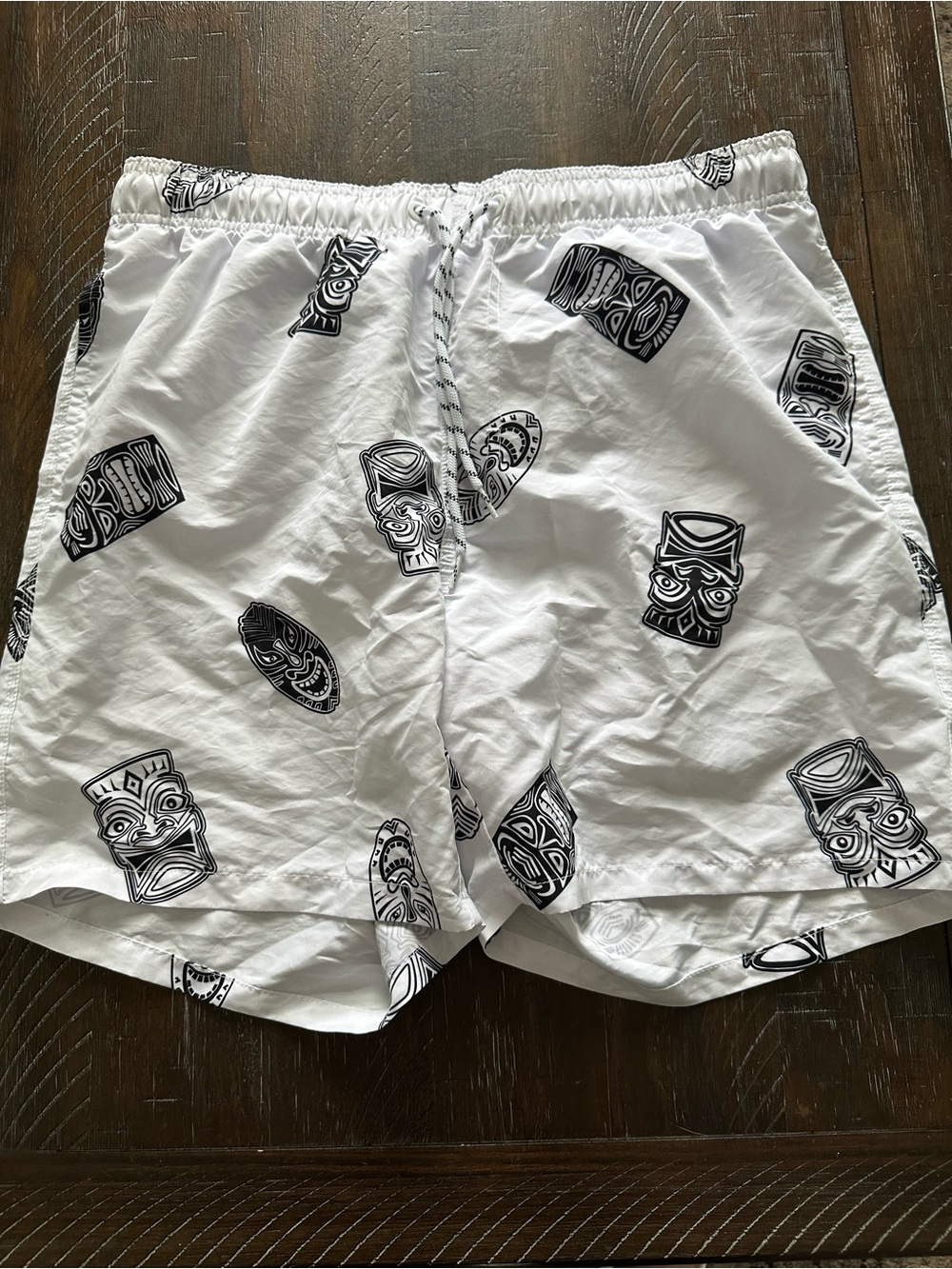 White Tiki Print Swim Trunks